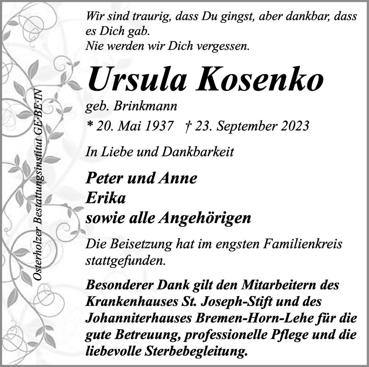 Traueranzeige von Ursula Kosenko von WESER-KURIER