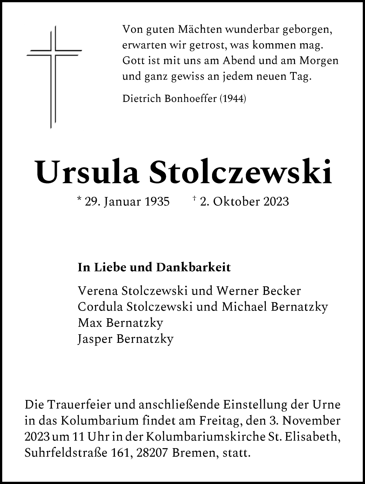 Traueranzeige von Ursula Stolczewski von WESER-KURIER