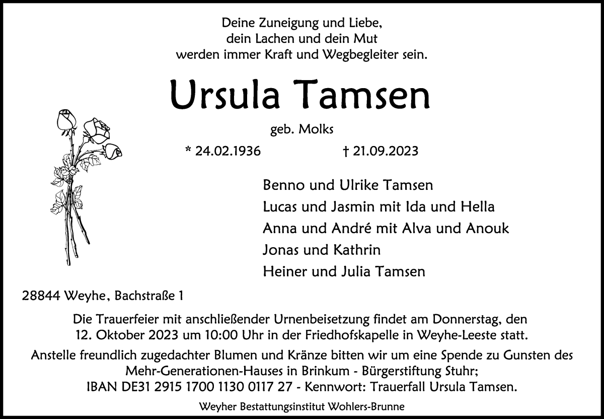 Traueranzeige von Ursula Tamsen von WESER-KURIER