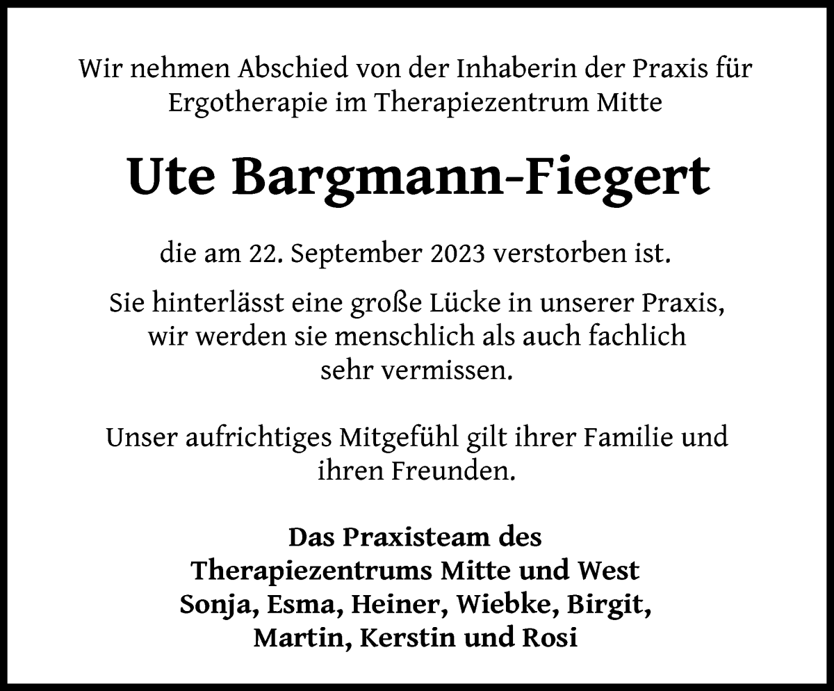 Traueranzeige von Ute Bargmann-Fiegert von WESER-KURIER