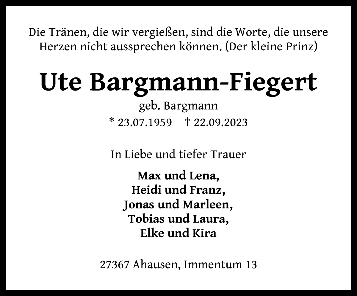 Traueranzeige von Ute Bargmann-Fiegert von WESER-KURIER