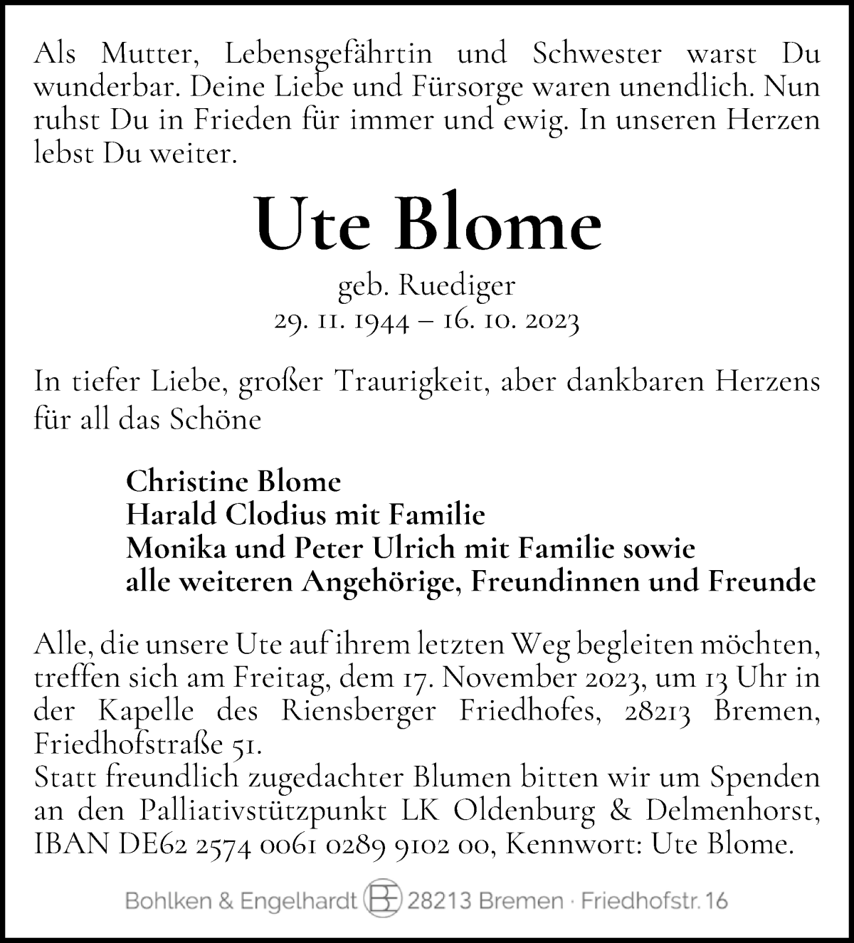 Traueranzeige von Ute Blome von WESER-KURIER