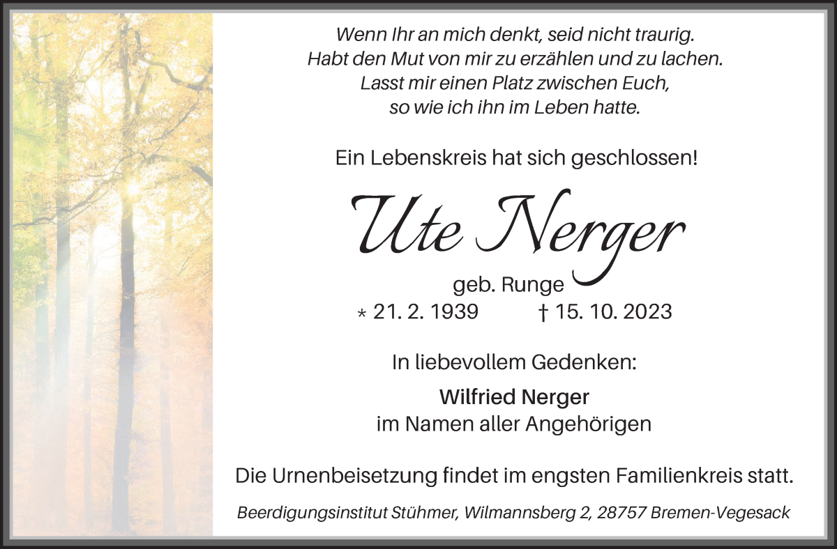 Traueranzeige von Ute Nerger von Die Norddeutsche