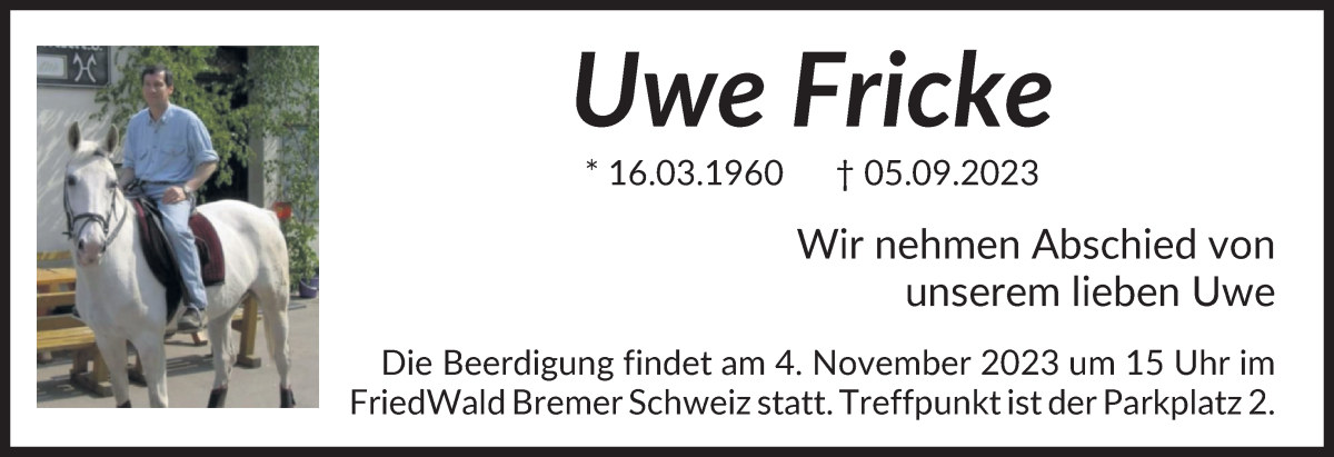 Traueranzeige von Uwe Fricke von WESER-KURIER