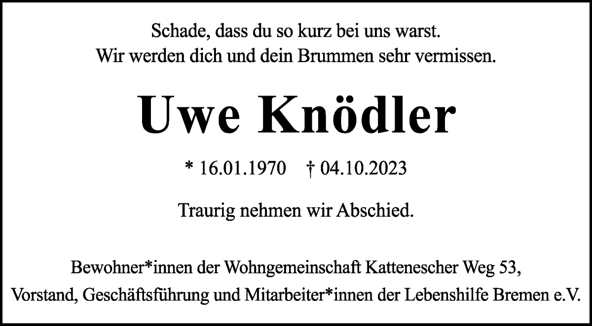 Traueranzeige von Uwe Knödler von WESER-KURIER