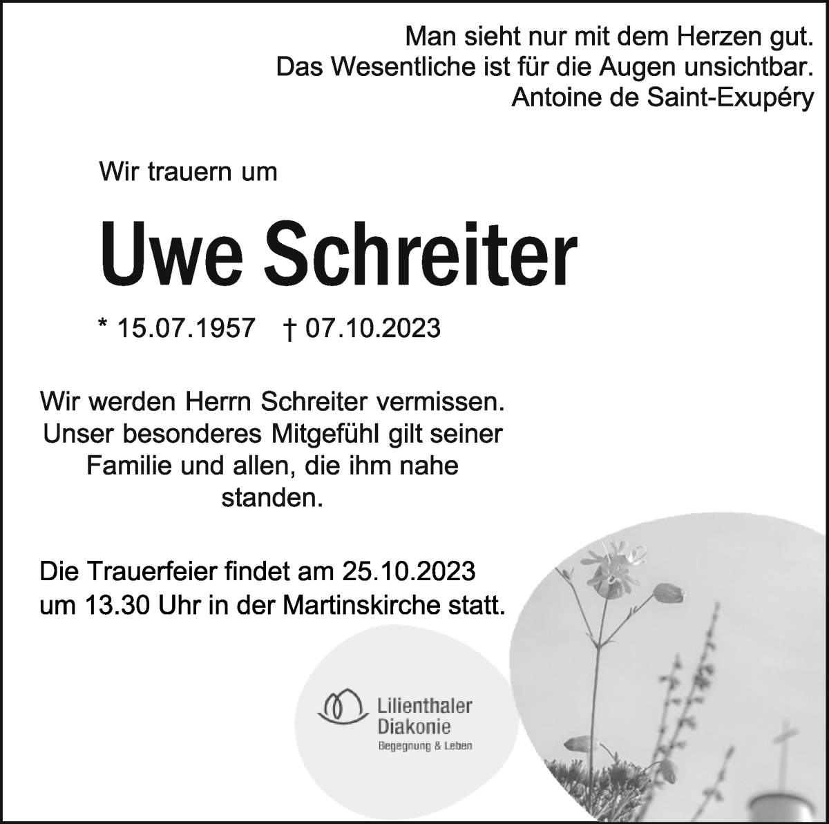 Traueranzeige von Uwe Schreiter von Wuemme Zeitung