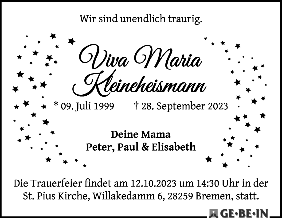 Traueranzeige von Viva Maria Kleineheismann von WESER-KURIER