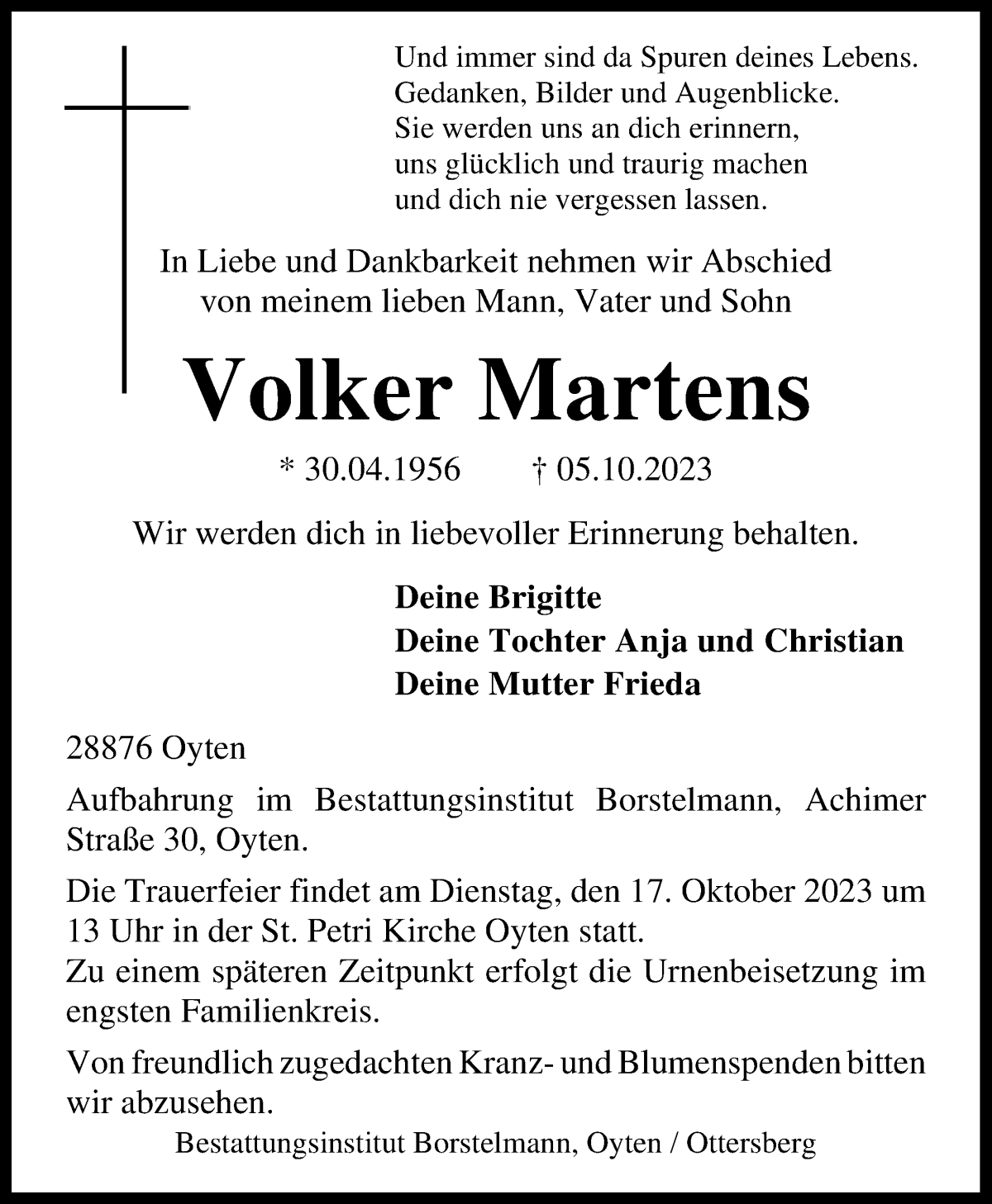 Traueranzeige von Volker Martens von Achimer Kurier/Verdener Nachrichten