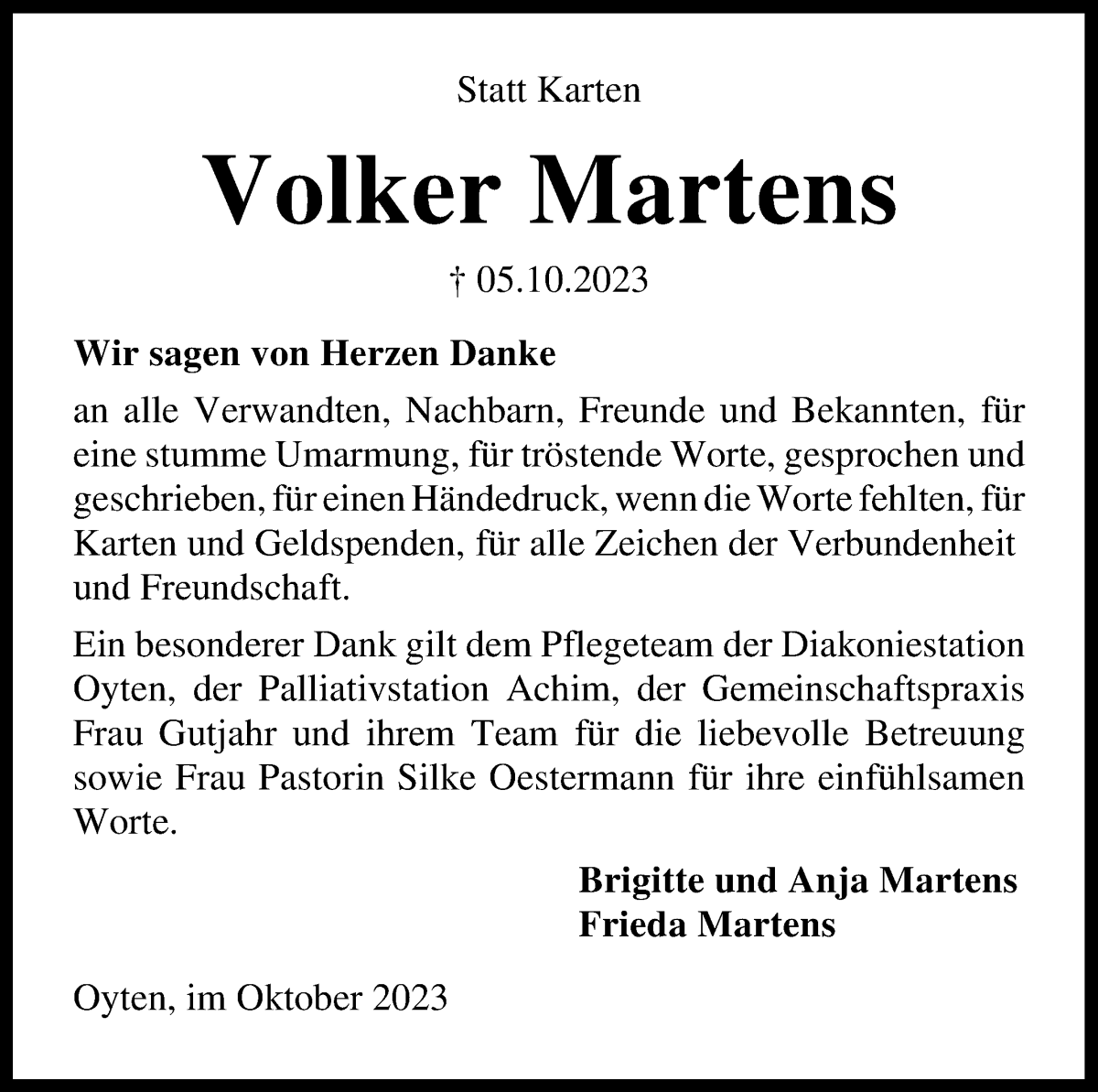 Traueranzeige von Volker Martens von Achimer Kurier/Verdener Nachrichten