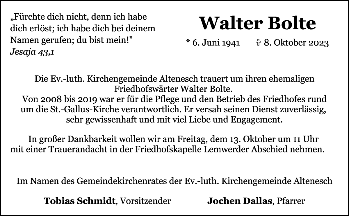 Traueranzeige von Walter Bolte von Die Norddeutsche