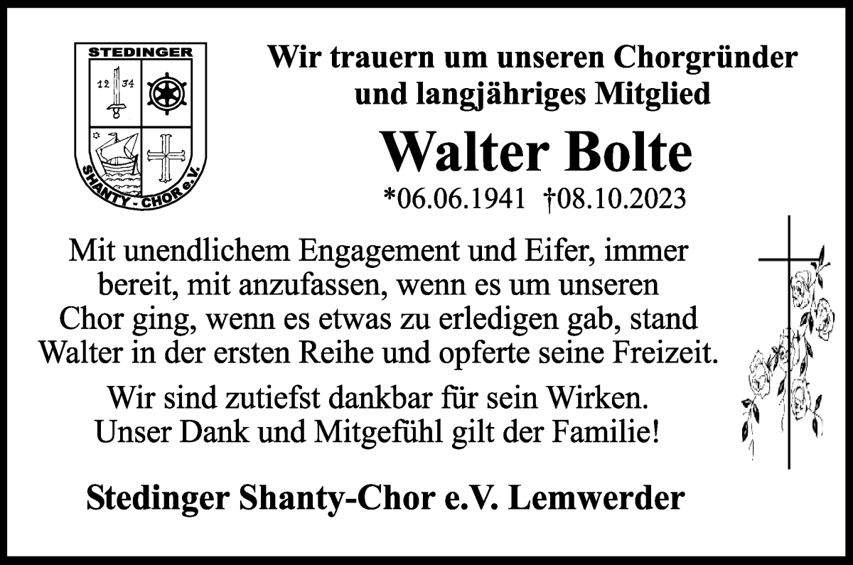 Traueranzeige von Walter Bolte von Die Norddeutsche