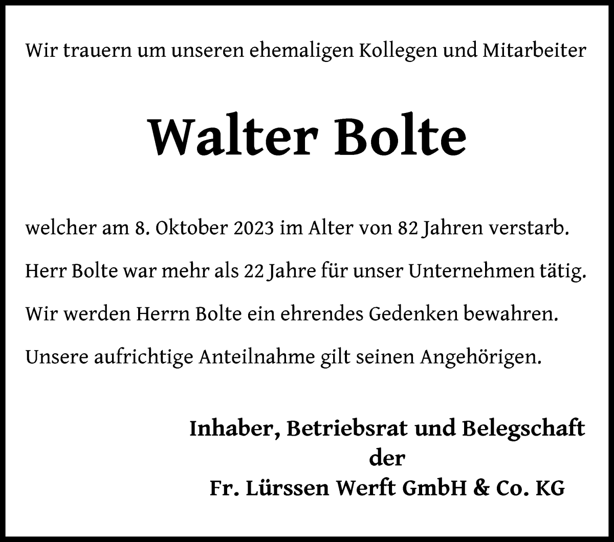 Traueranzeige von Walter Bolte von Die Norddeutsche