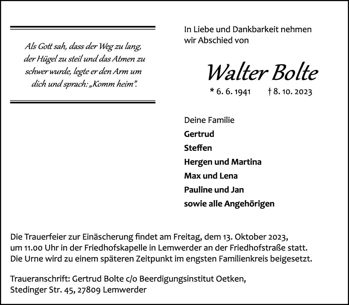 Traueranzeige von Walter Bolte von Die Norddeutsche