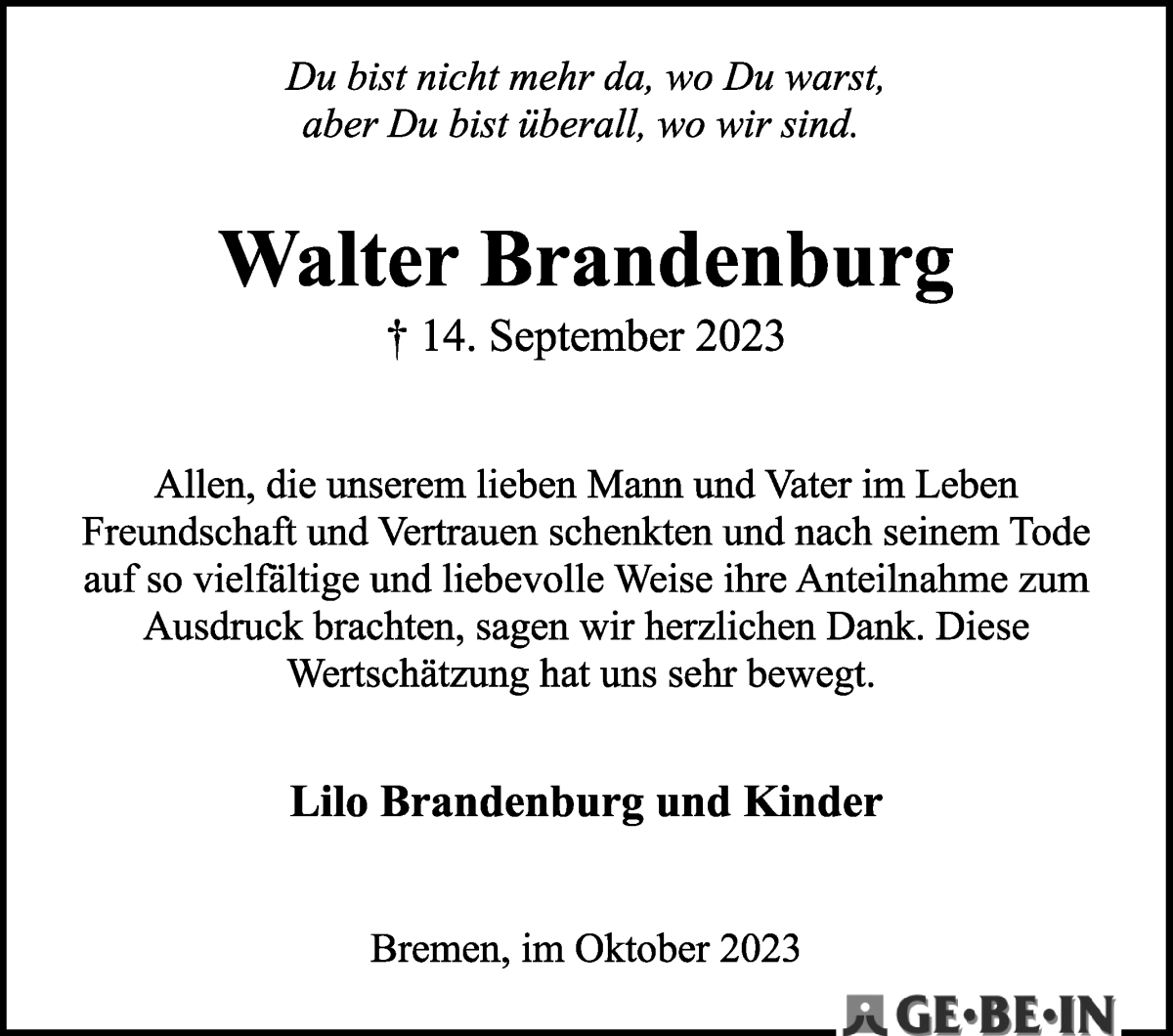 Traueranzeige von Walter Brandenburg von Die Norddeutsche