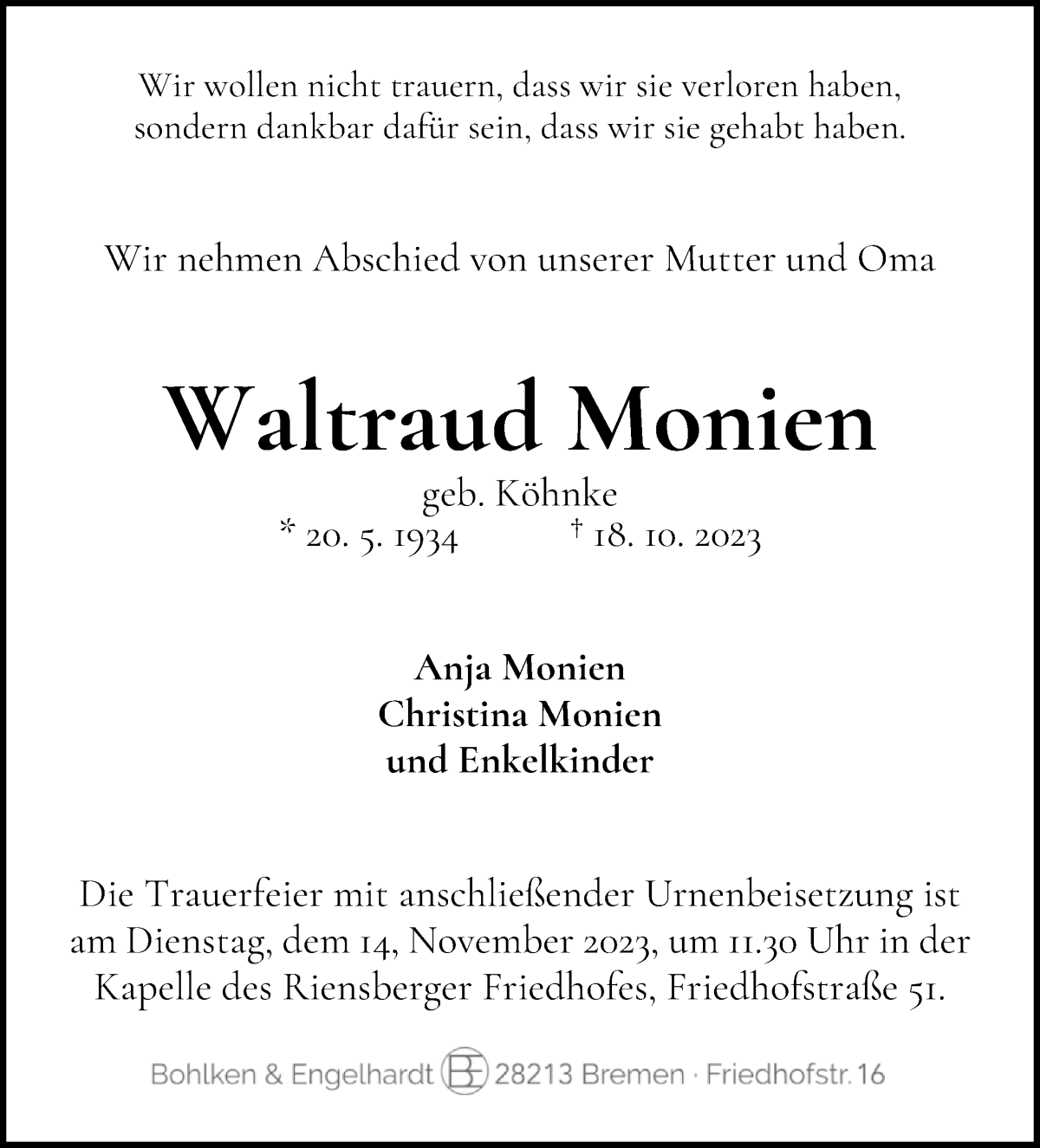 Traueranzeige von Waltraud Monien von WESER-KURIER