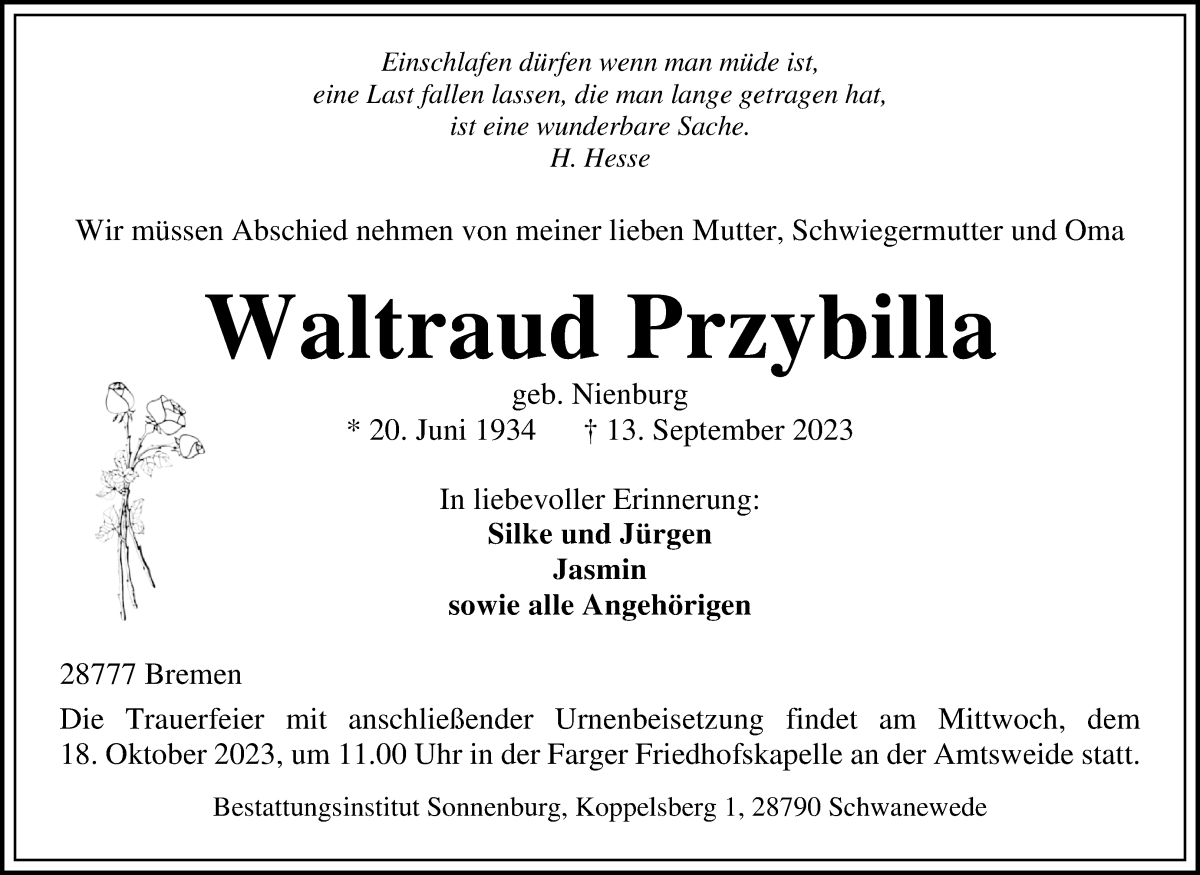 Traueranzeige von Waltraud Przybilla von Die Norddeutsche