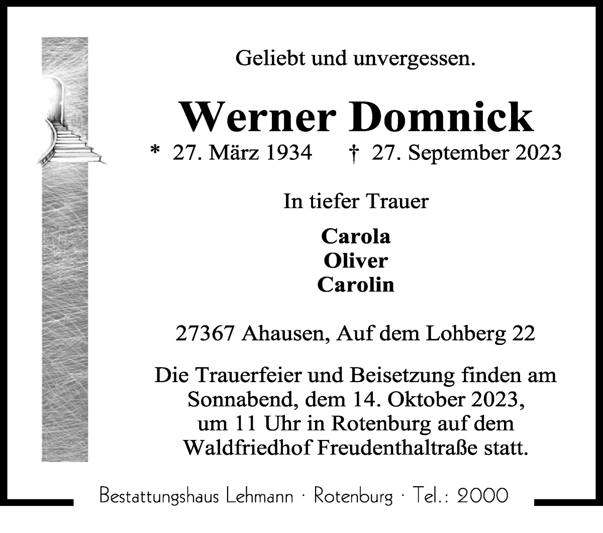 Traueranzeige von Werner Domnick von WESER-KURIER