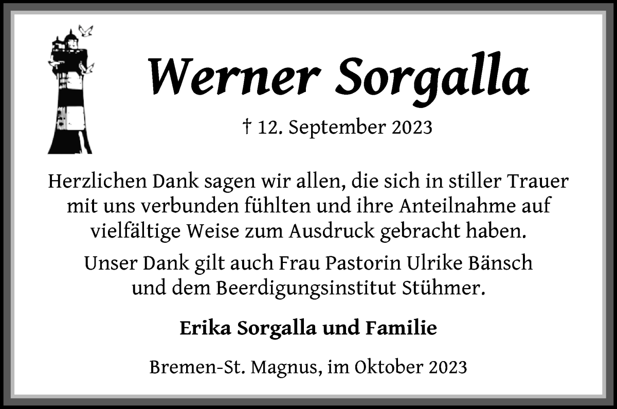 Traueranzeige von Werner Sorgalla von Die Norddeutsche