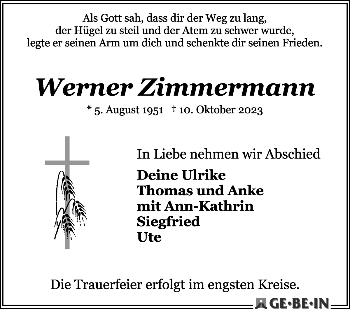Traueranzeige von Werner Zimmermann von Die Norddeutsche