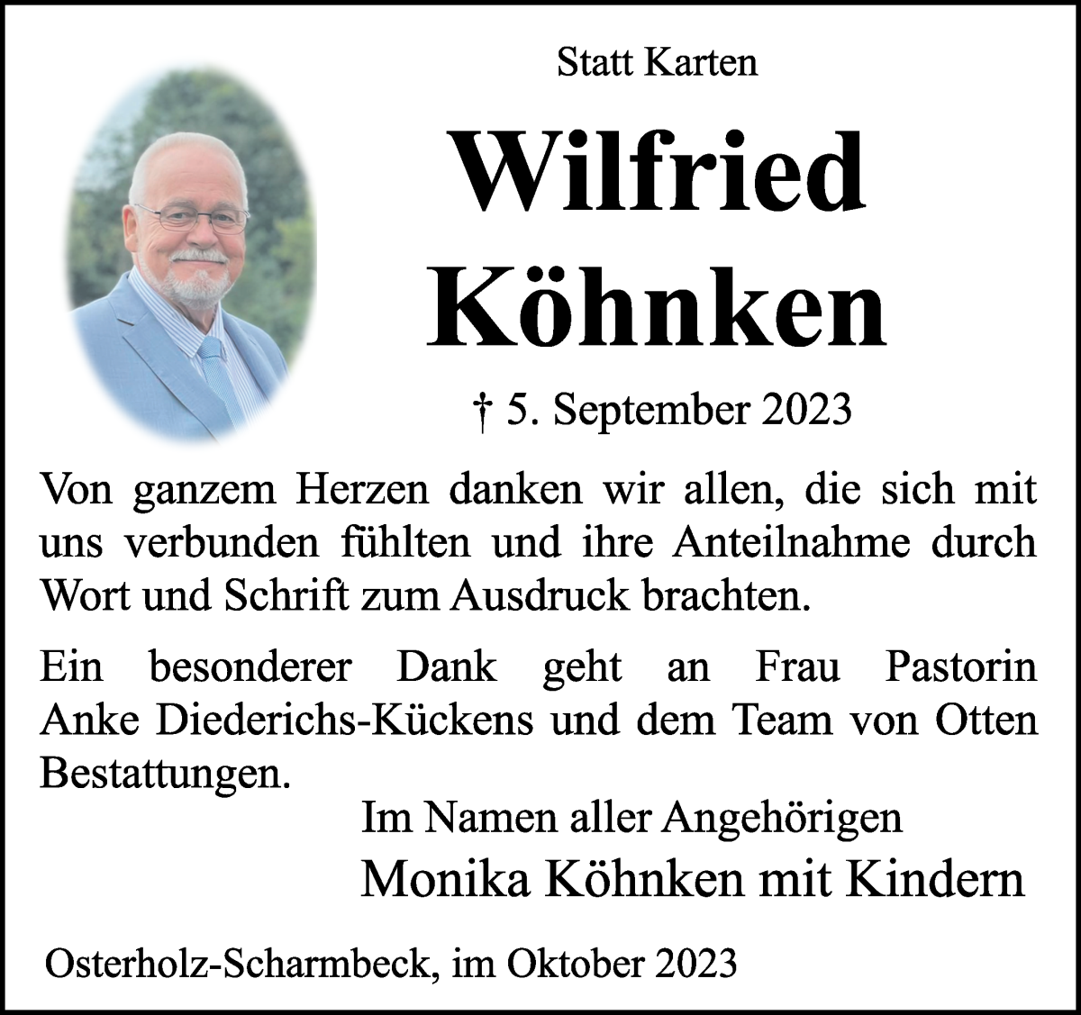 Traueranzeige von Wilfried Köhnken von Osterholzer Kreisblatt