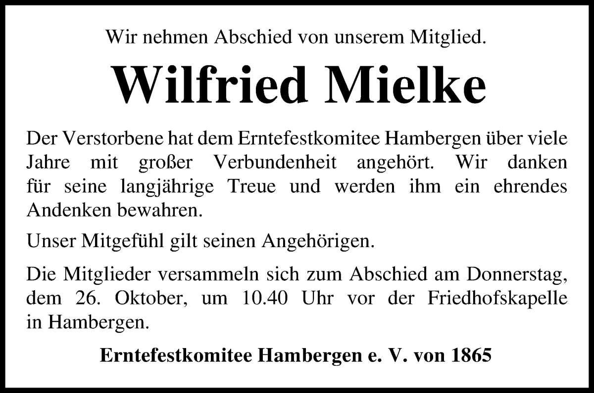 Traueranzeige von Wilfried Mielke von Osterholzer Kreisblatt