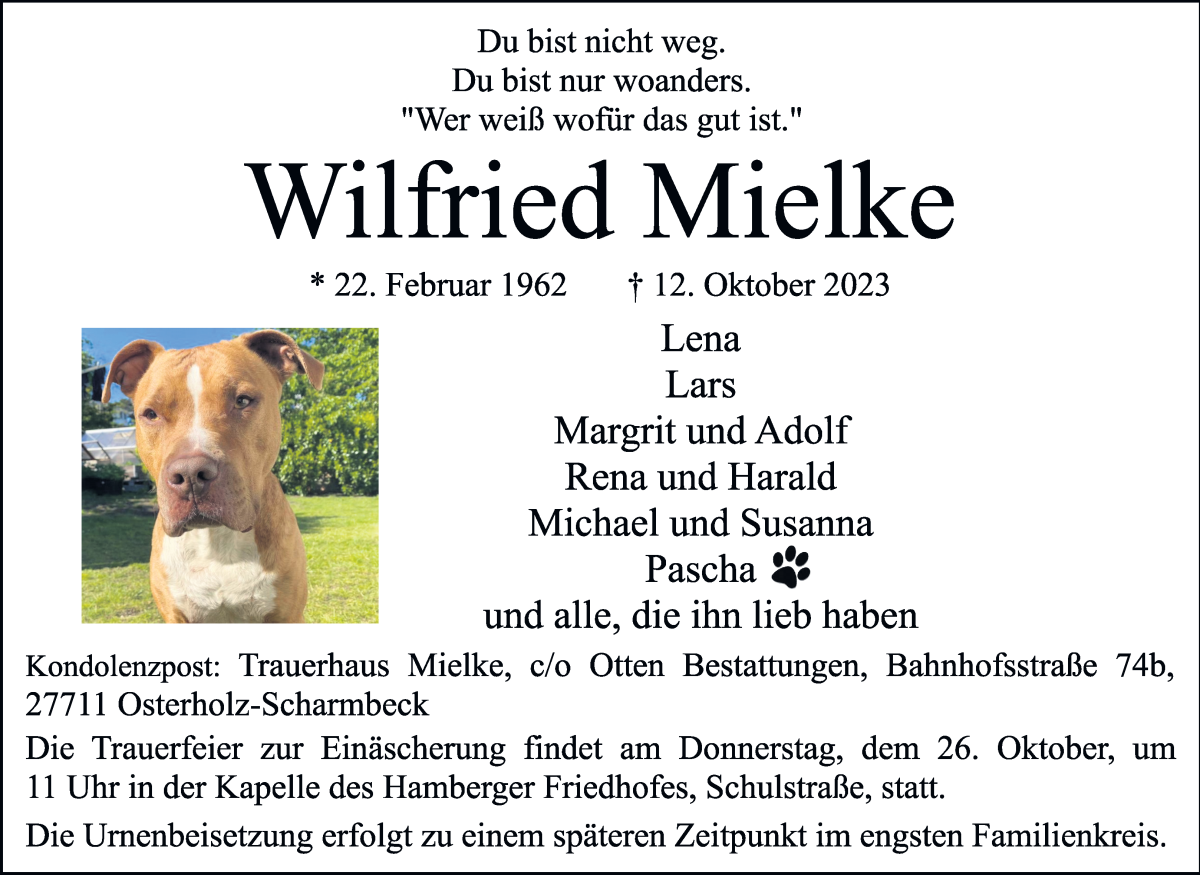 Traueranzeige von Wilfried Mielke von Osterholzer Kreisblatt