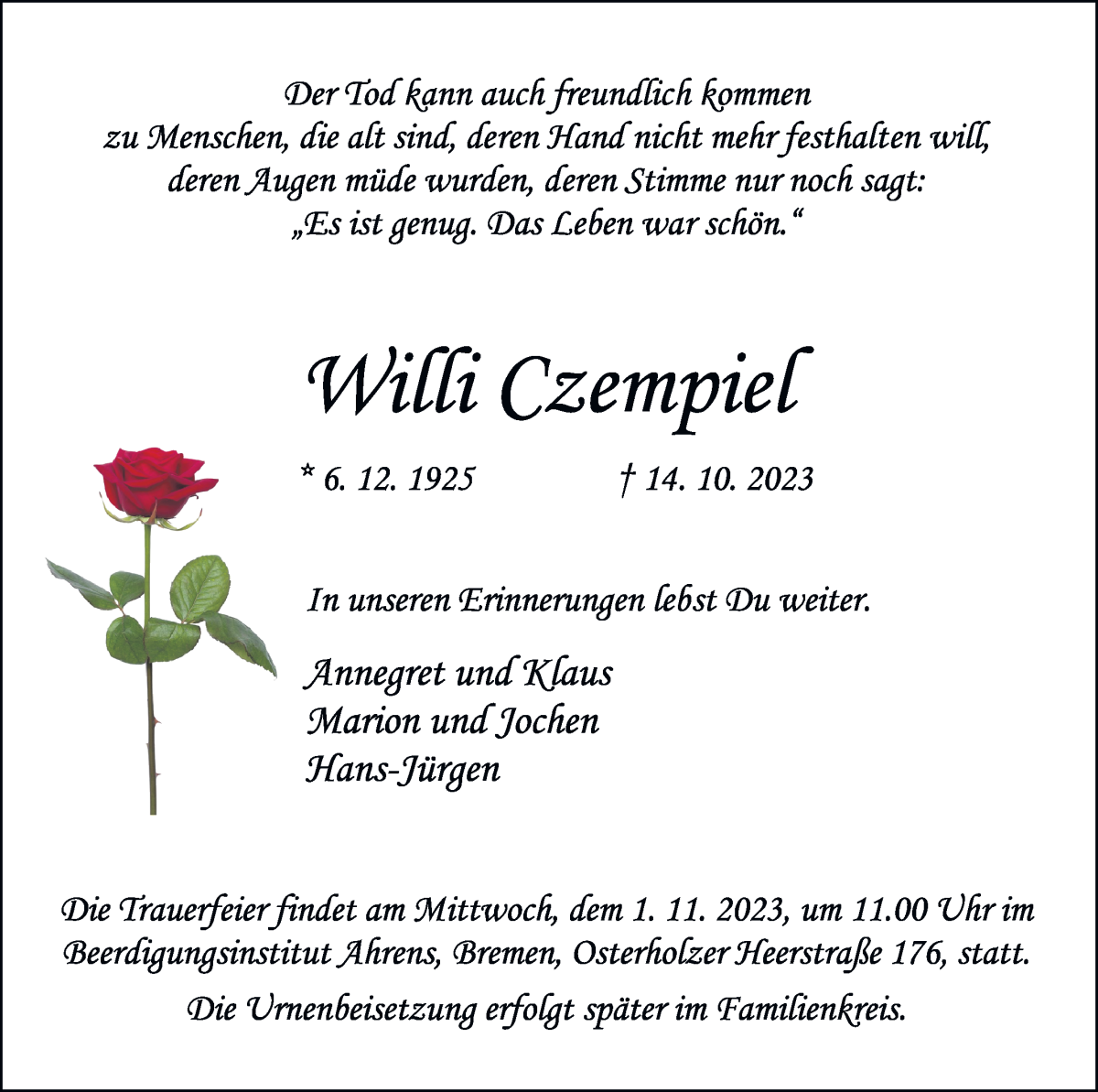 Traueranzeige von Willi Czempiel von WESER-KURIER