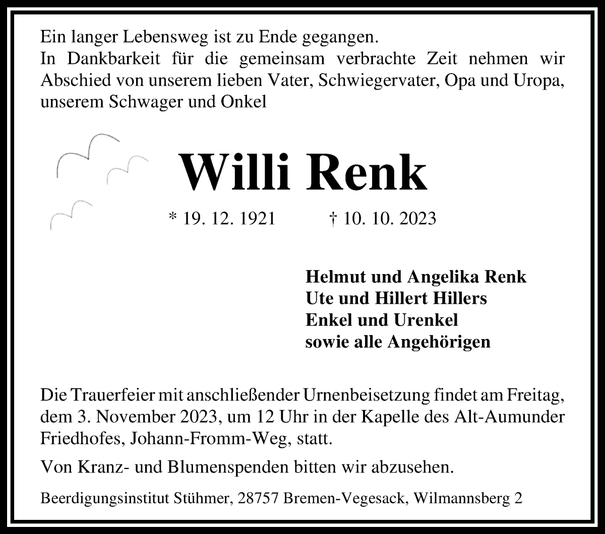 Traueranzeige von Willi Renk von Die Norddeutsche