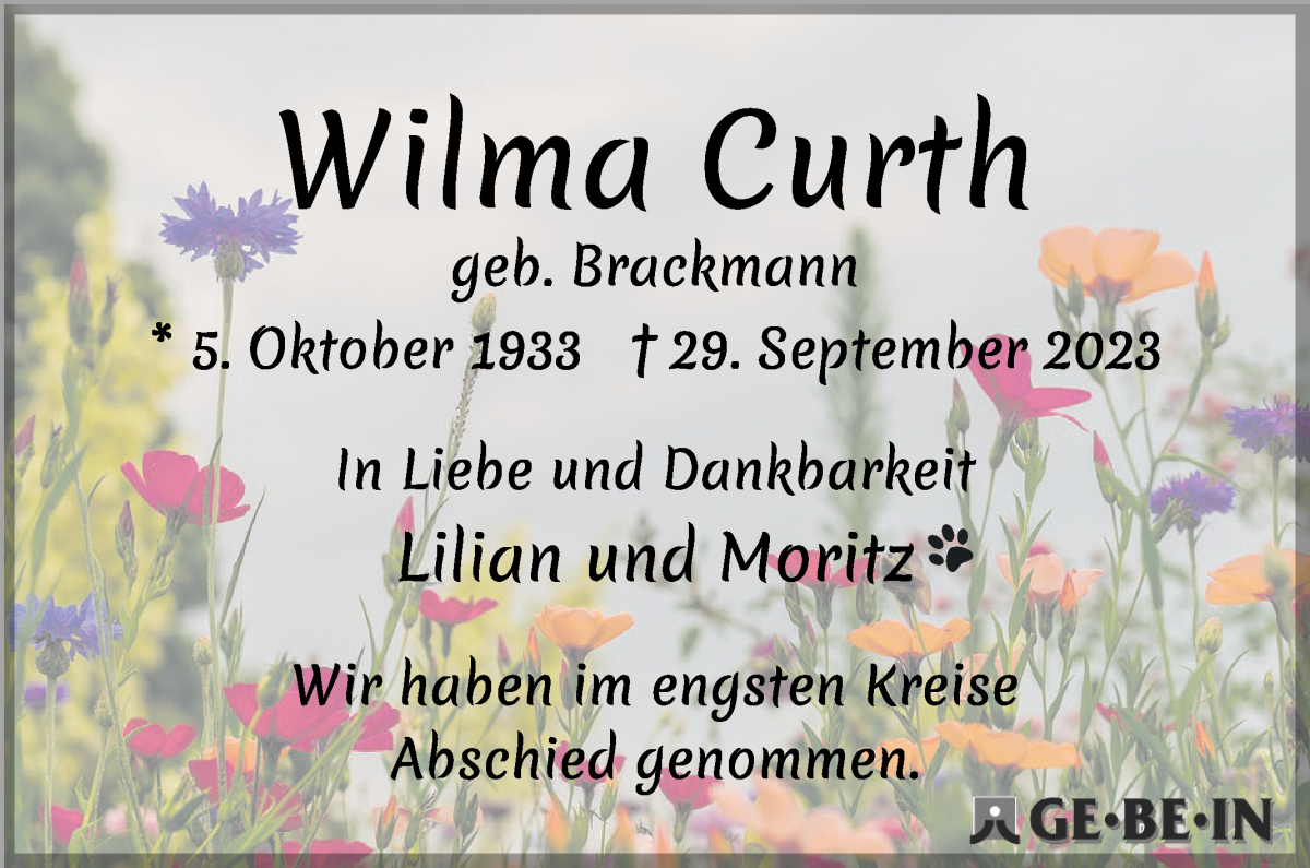 Traueranzeige von Wilma Curth von Die Norddeutsche