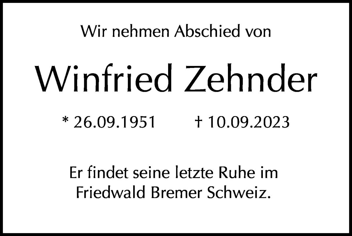 Traueranzeige von Winfried Zehnder von WESER-KURIER