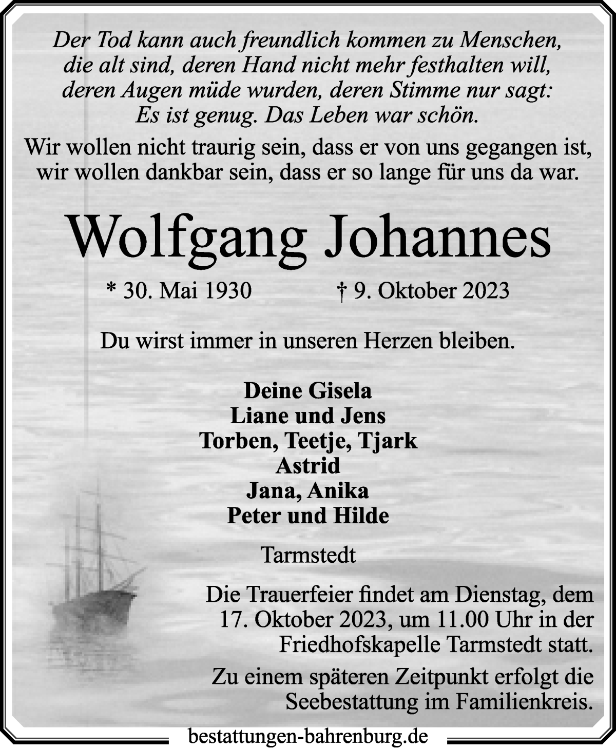 Traueranzeige von Wolfgang Johannes von Wuemme Zeitung