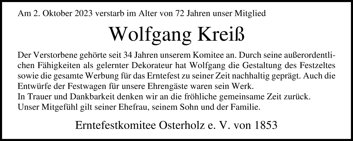 Traueranzeige von Wolfgang Kreiß von Osterholzer Kreisblatt