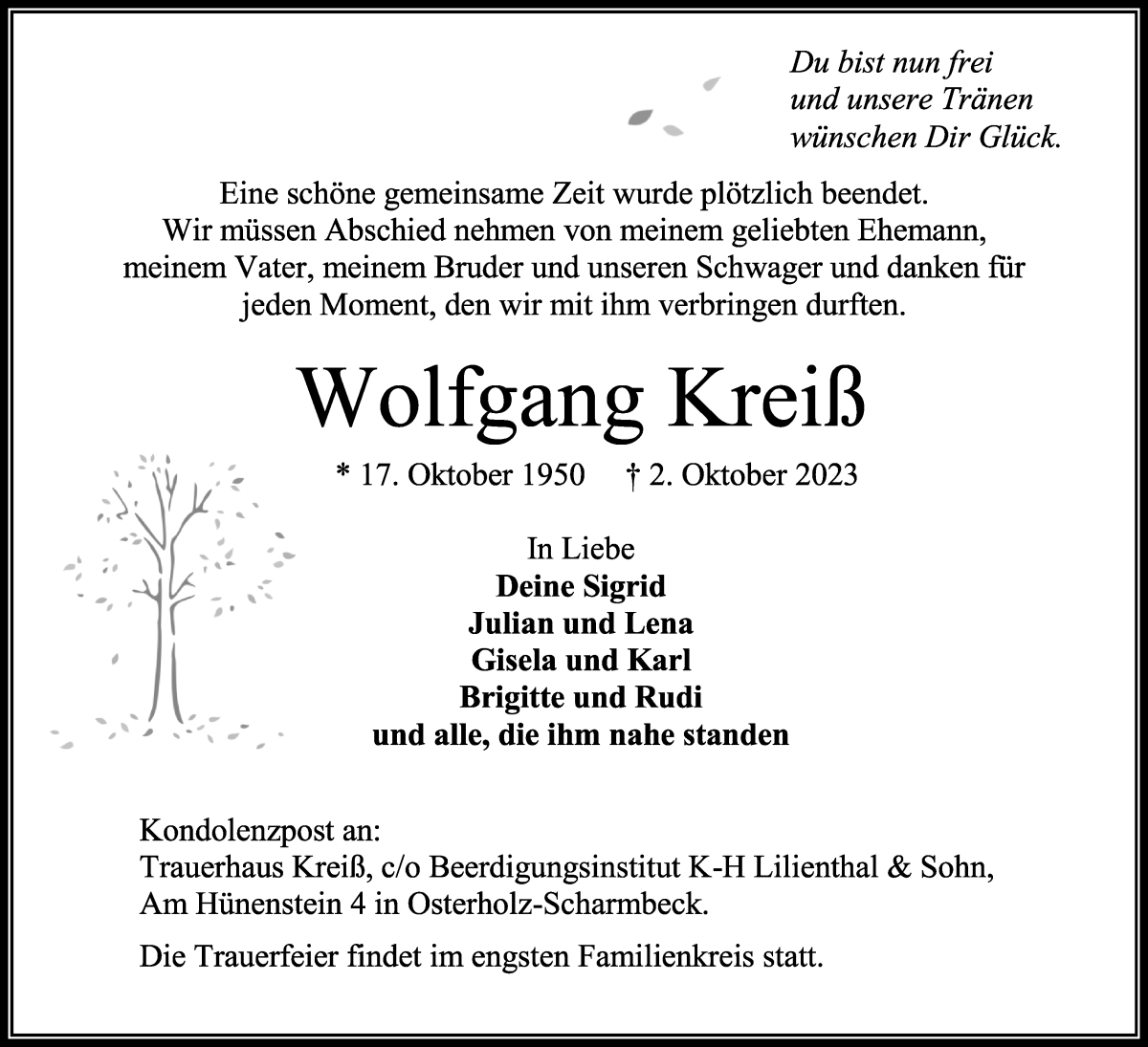 Traueranzeige von Wolfgang Kreiß von Osterholzer Kreisblatt