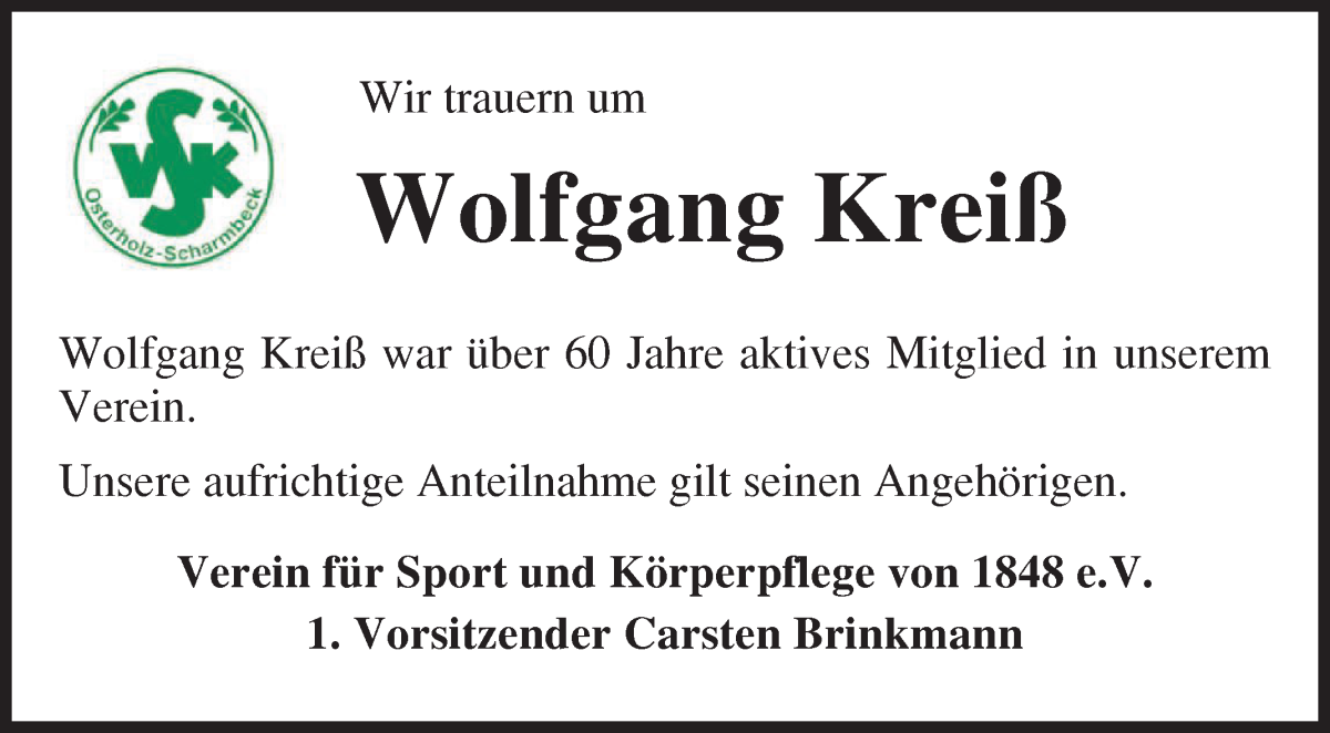 Traueranzeige von Wolfgang Kreiß von Osterholzer Kreisblatt