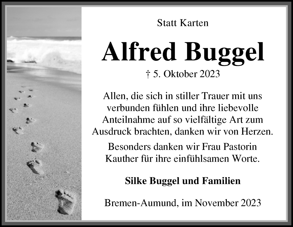 Traueranzeige von Afred Buggel von Die Norddeutsche