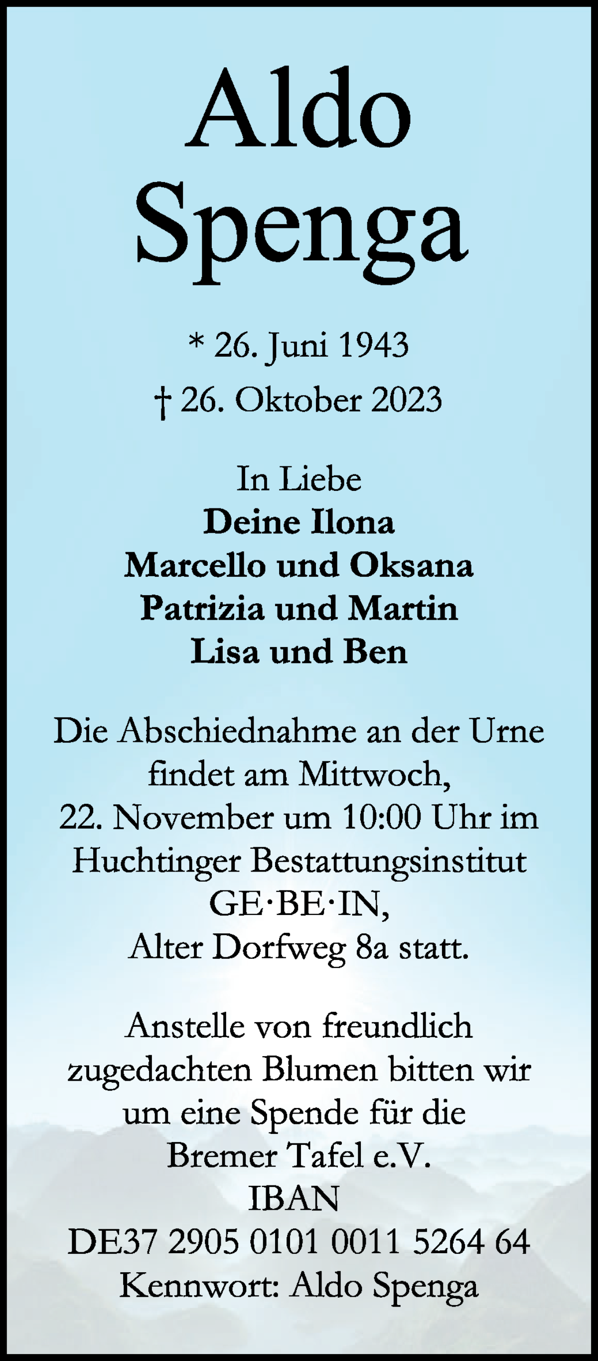 Traueranzeige von Aldo Spenga von WESER-KURIER