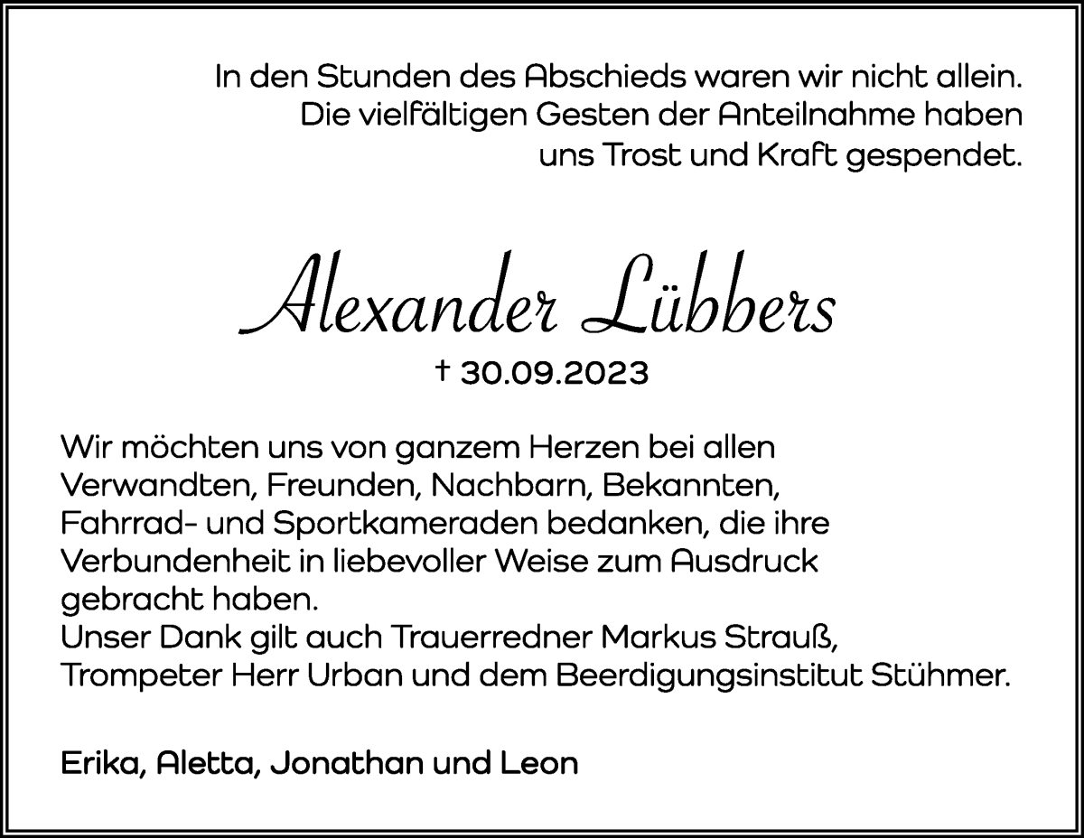 Traueranzeige von Alexander Lübbers von Osterholzer Kreisblatt