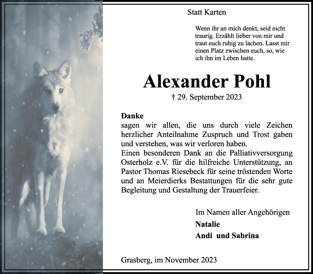 Traueranzeige von Alexander Pohl von Wuemme Zeitung