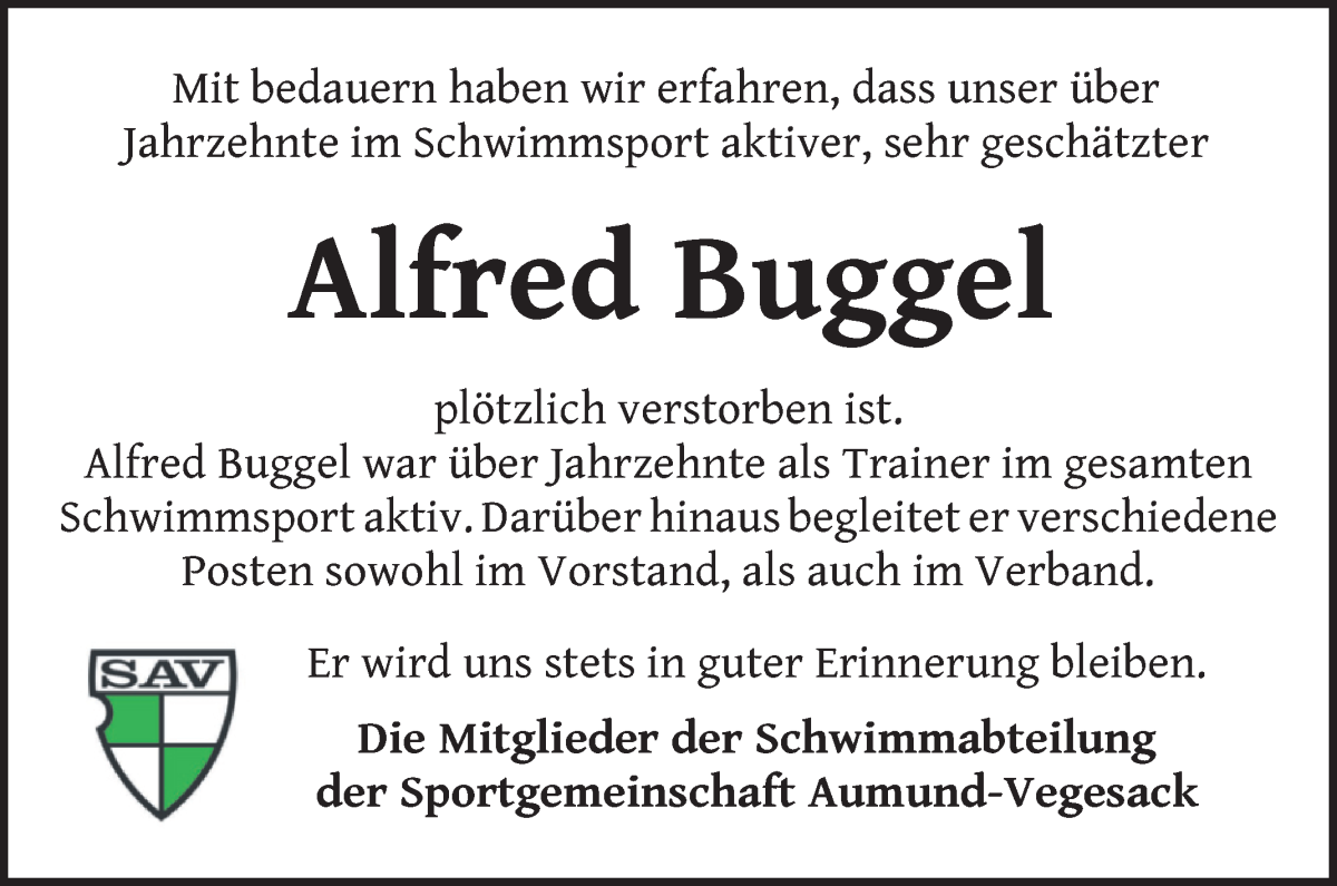 Traueranzeige von Alfred Buggel von Die Norddeutsche
