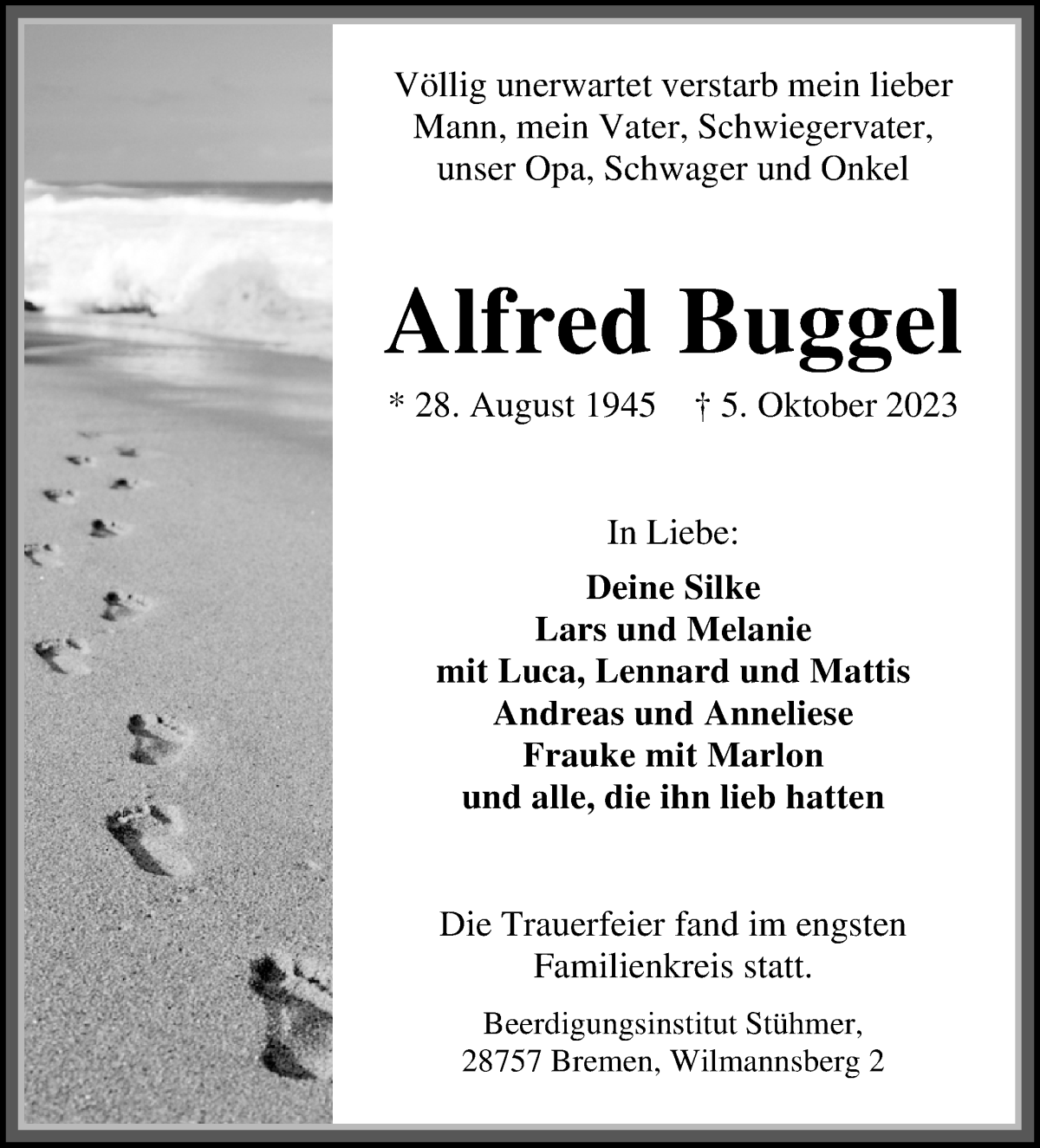 Traueranzeige von Alfred Buggel von Die Norddeutsche