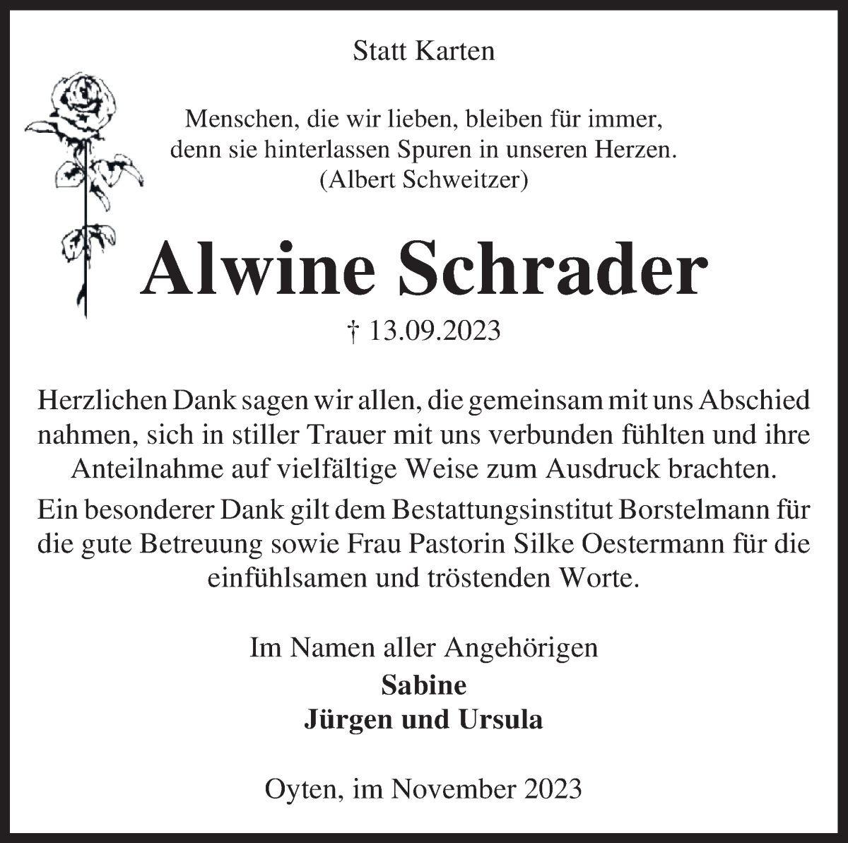 Traueranzeige von Alwine Schrader von Achimer Kurier/Verdener Nachrichten