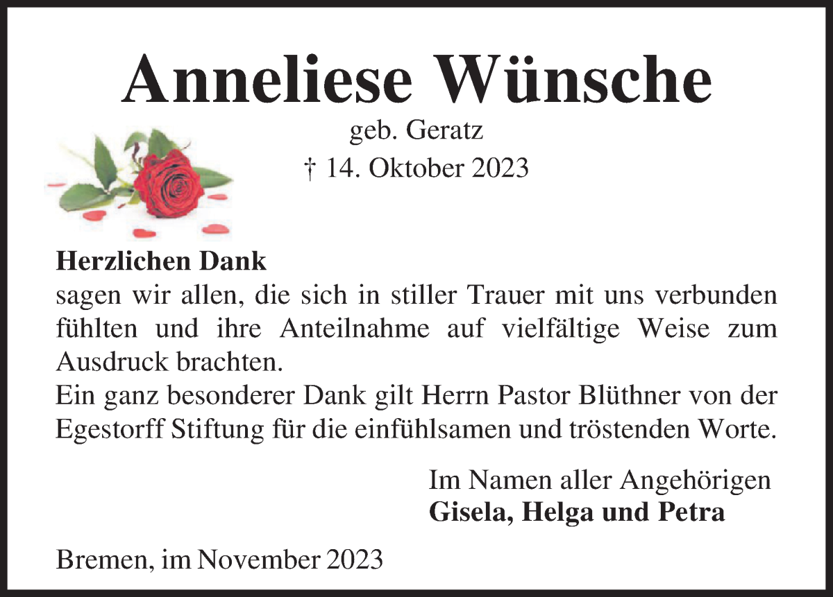 Traueranzeige von Anneliese Wünsche von WESER-KURIER