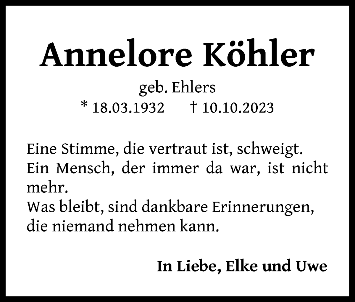 Traueranzeige von Annelore Köhler von WESER-KURIER