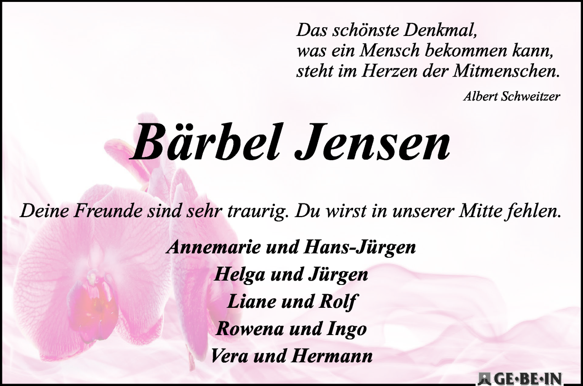 Traueranzeige von Bärbel Jensen von Achimer Kurier/Verdener Nachrichten