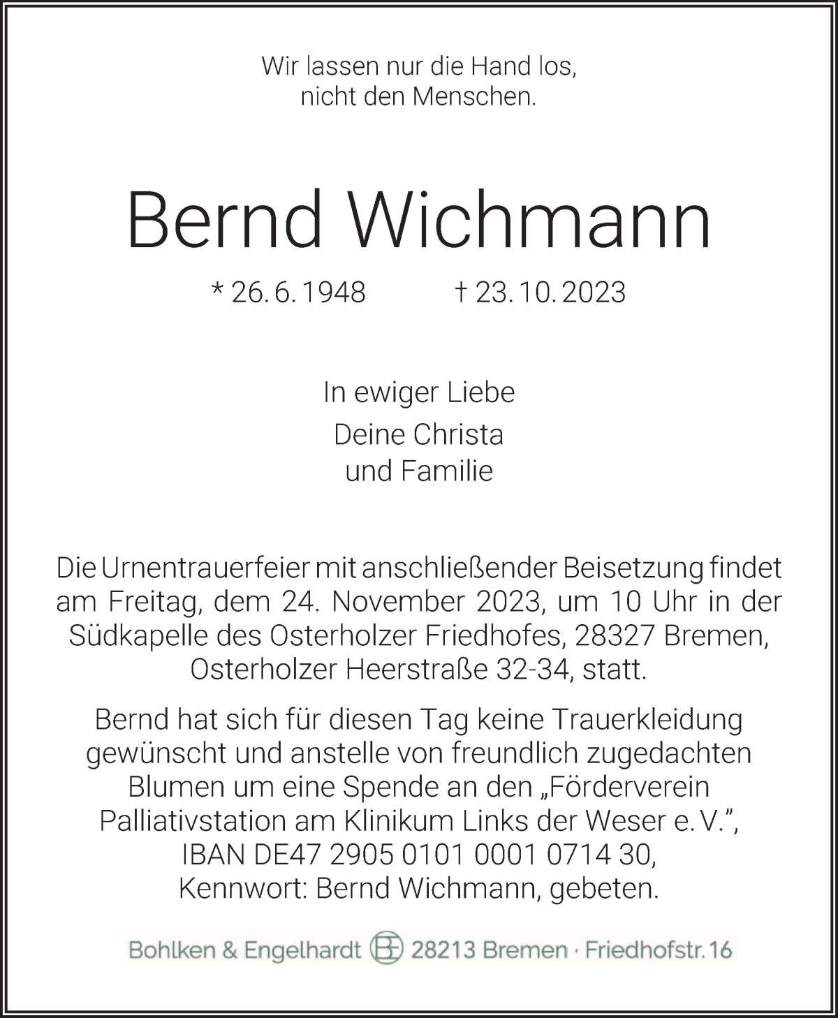 Traueranzeige von Bernd Wichmann von WESER-KURIER