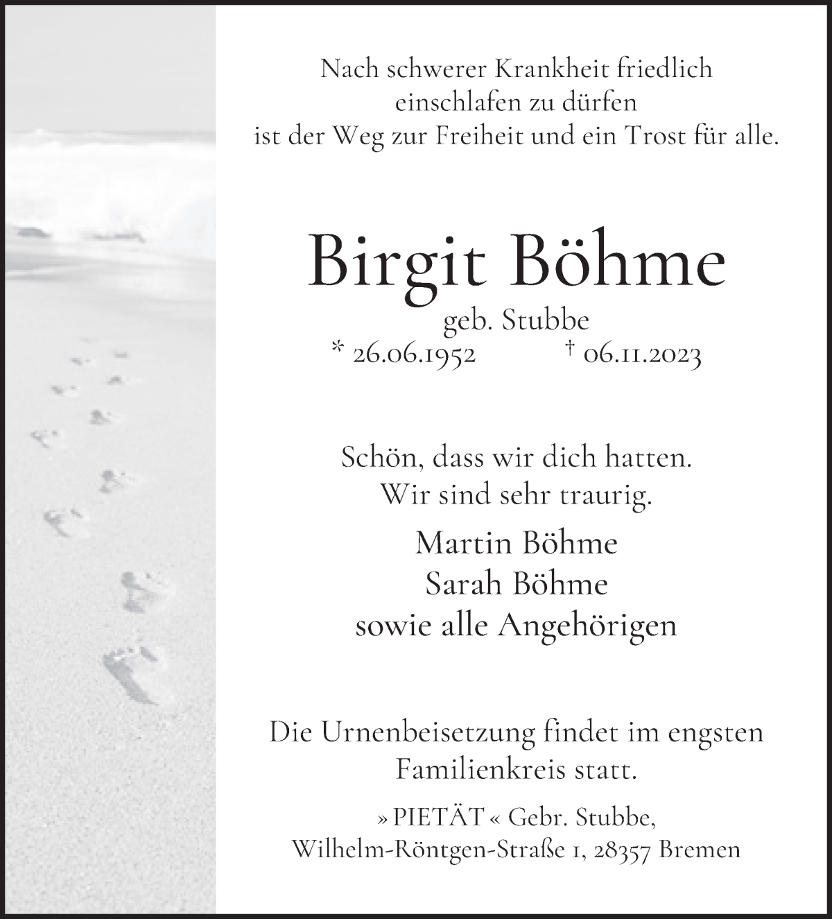 Traueranzeige von Birgit Böhme von WESER-KURIER