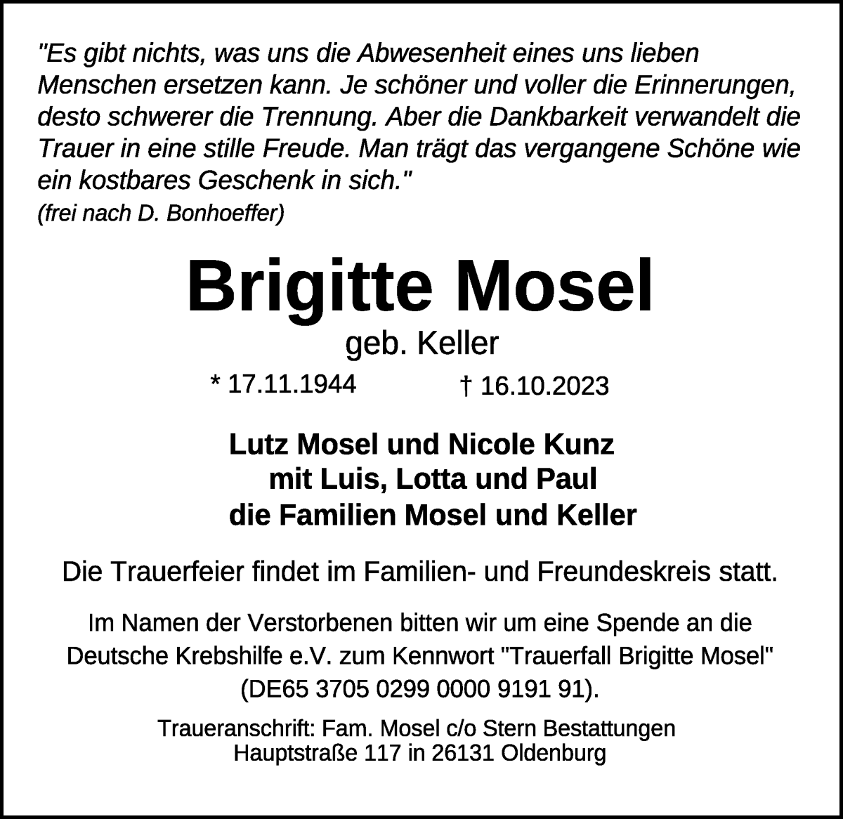 Traueranzeige von Brigitte Mosel von WESER-KURIER