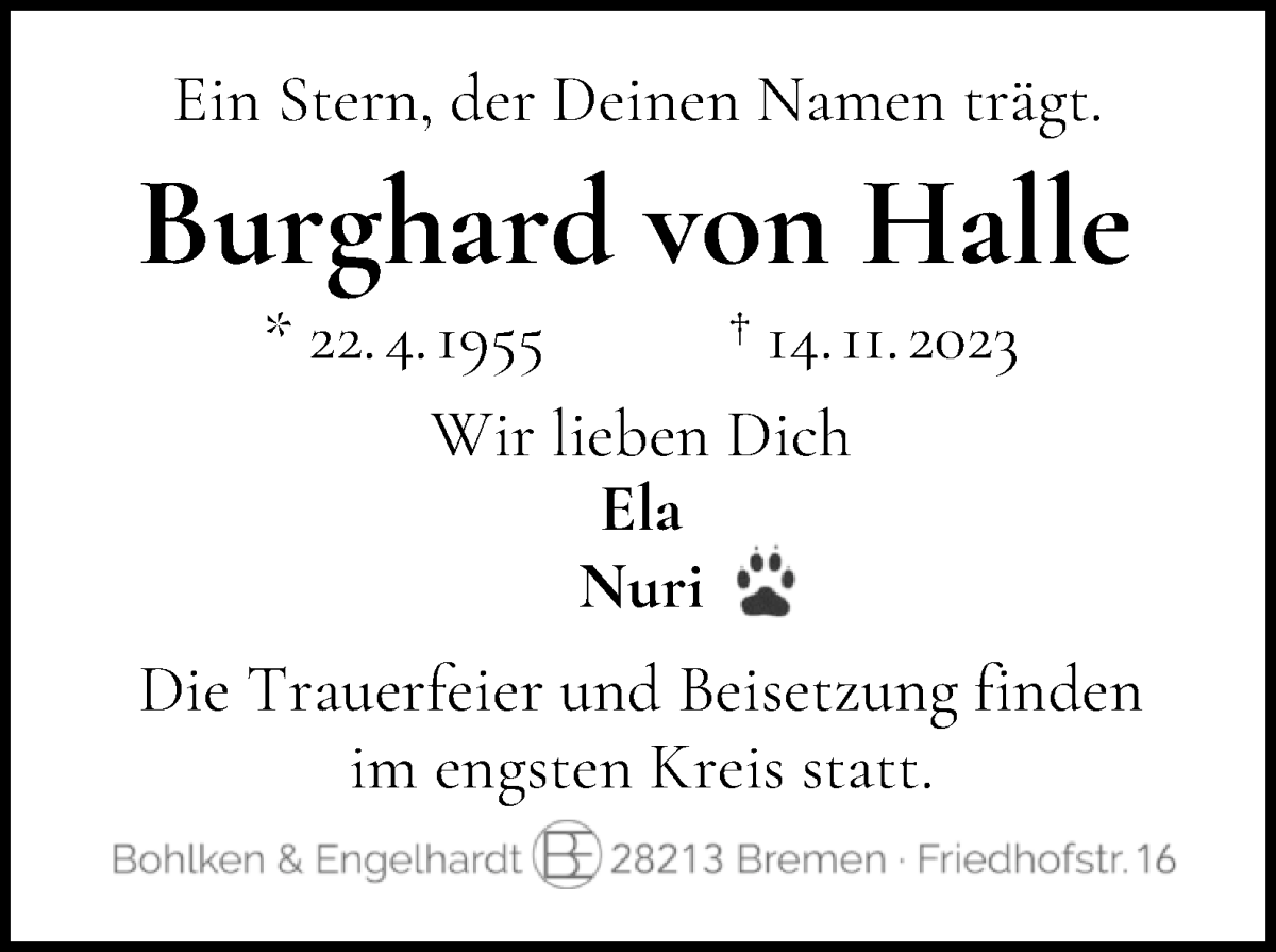 Traueranzeige von Burghard von Halle von WESER-KURIER