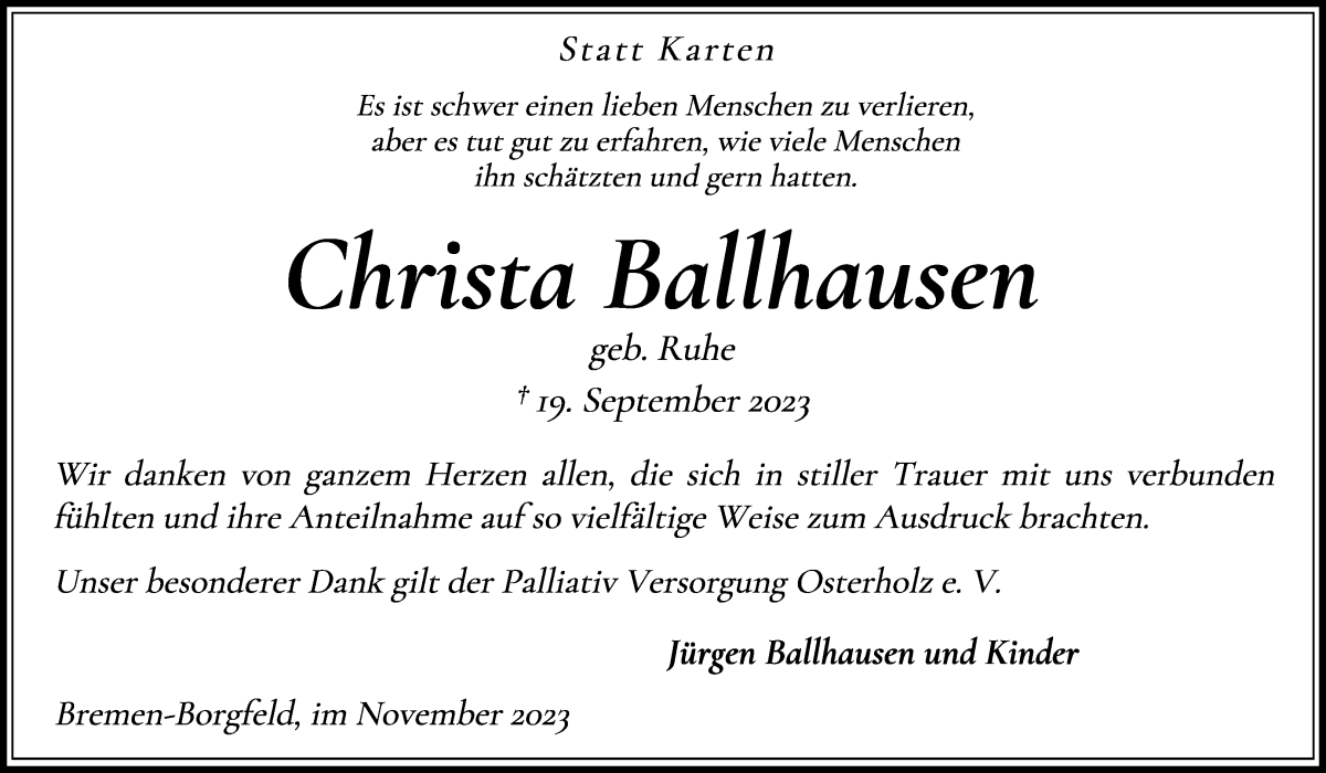Traueranzeige von Christa Ballhausen von WESER-KURIER