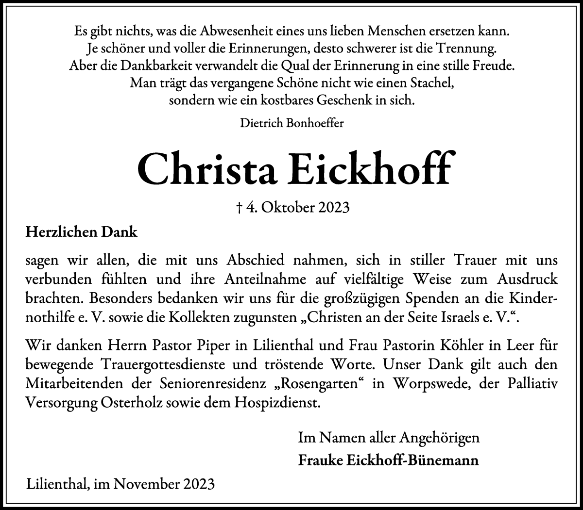 Traueranzeige von Christa Eickhoff von Wuemme Zeitung